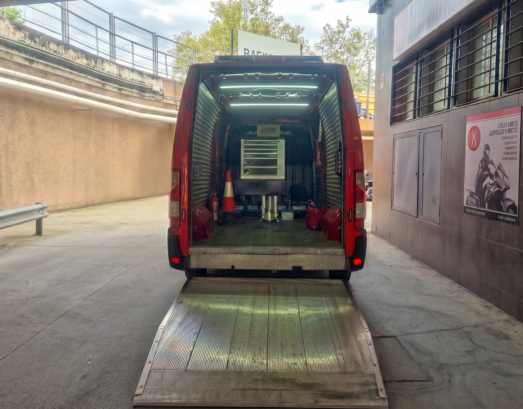 Furgoneta roja cargando moto